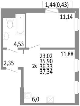 2-к квартира, строящийся дом, 36м2, 8/10 этаж