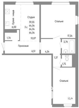 3-к квартира, строящийся дом, 64м2, 1/10 этаж