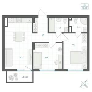 2-к квартира, вторичка, 58м2, 4/18 этаж
