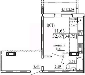 Студия квартира, строящийся дом, 33м2, 1/10 этаж