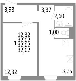1-к квартира, строящийся дом, 32м2, 2/10 этаж