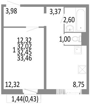 1-к квартира, строящийся дом, 32м2, 6/10 этаж