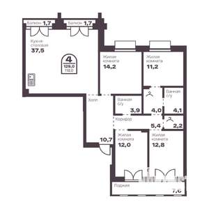 4-к квартира, вторичка, 118м2, 1/24 этаж