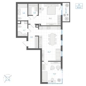 2-к квартира, вторичка, 81м2, 2/10 этаж