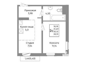 2-к квартира, строящийся дом, 32м2, 8/10 этаж