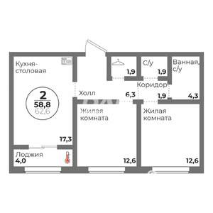 2-к квартира, вторичка, 58м2, 8/15 этаж