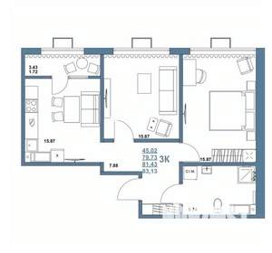 3-к квартира, строящийся дом, 81м2, 2/14 этаж