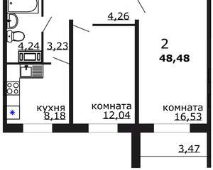 2-к квартира, вторичка, 48м2, 16/18 этаж