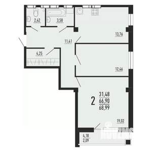 2-к квартира, вторичка, 69м2, 4/16 этаж