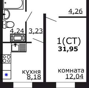 1-к квартира, вторичка, 32м2, 1/18 этаж