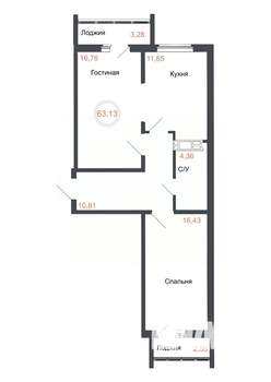 2-к квартира, вторичка, 63м2, 12/16 этаж