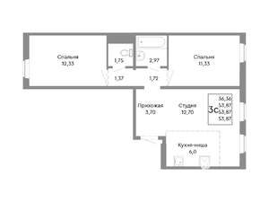 3-к квартира, строящийся дом, 54м2, 2/10 этаж