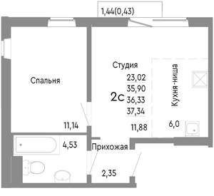 2-к квартира, строящийся дом, 36м2, 9/10 этаж