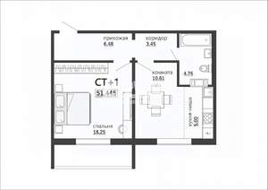 1-к квартира, вторичка, 51м2, 7/10 этаж