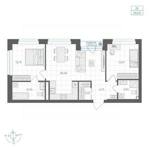 3-к квартира, вторичка, 69м2, 22/30 этаж