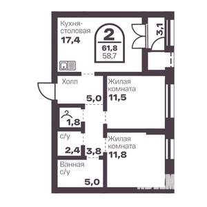 2-к квартира, вторичка, 59м2, 9/24 этаж