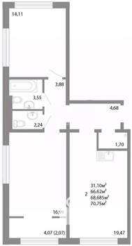 2-к квартира, вторичка, 69м2, 3/17 этаж