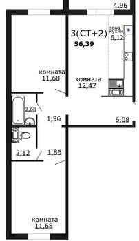 3-к квартира, вторичка, 56м2, 4/18 этаж