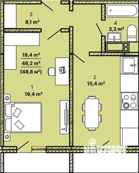1-к квартира, строящийся дом, 49м2, 2/21 этаж