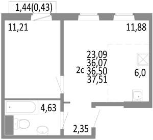 2-к квартира, строящийся дом, 37м2, 4/10 этаж