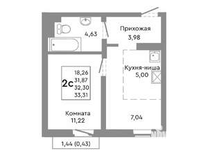 2-к квартира, строящийся дом, 32м2, 8/10 этаж