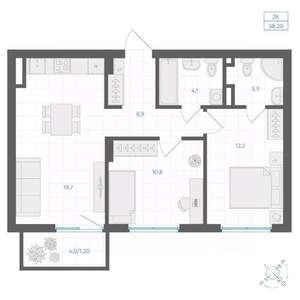 2-к квартира, вторичка, 58м2, 5/18 этаж