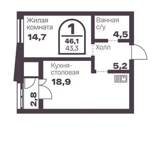 1-к квартира, вторичка, 43м2, 20/8 этаж