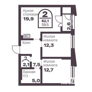 2-к квартира, вторичка, 60м2, 6/24 этаж