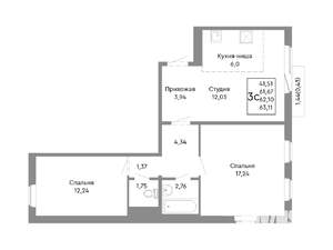3-к квартира, строящийся дом, 62м2, 4/10 этаж