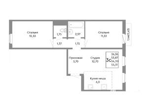 3-к квартира, строящийся дом, 54м2, 4/10 этаж