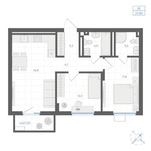 2-к квартира, вторичка, 58м2, 15/18 этаж