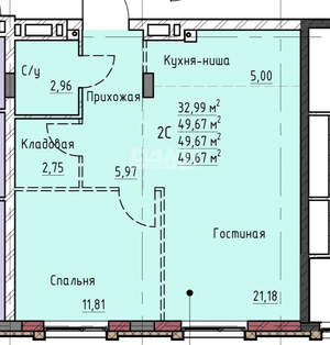 2-к квартира, строящийся дом, 50м2, 5/18 этаж