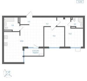 3-к квартира, вторичка, 73м2, 2/18 этаж
