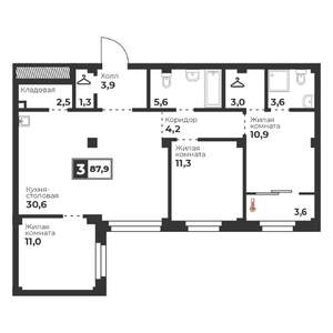 3-к квартира, строящийся дом, 88м2, 9/18 этаж