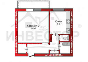 1-к квартира, вторичка, 40м2, 6/9 этаж