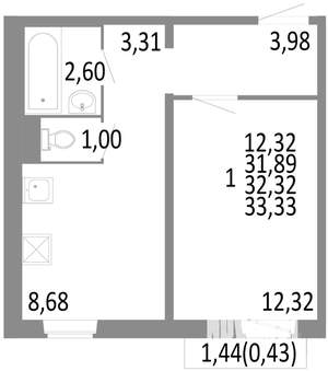 1-к квартира, строящийся дом, 32м2, 9/10 этаж