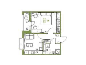 1-к квартира, строящийся дом, 38м2, 4/16 этаж