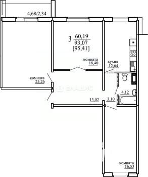 3-к квартира, вторичка, 93м2, 8/10 этаж