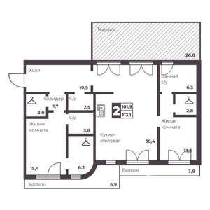2-к квартира, вторичка, 102м2, 6/17 этаж