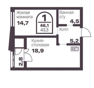 1-к квартира, вторичка, 43м2, 13/8 этаж
