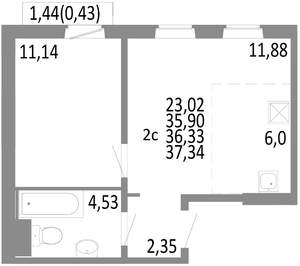 2-к квартира, строящийся дом, 36м2, 6/10 этаж