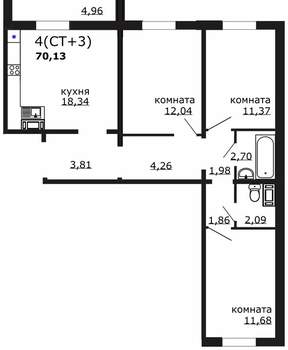 4-к квартира, вторичка, 70м2, 12/18 этаж