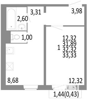 1-к квартира, строящийся дом, 32м2, 5/10 этаж