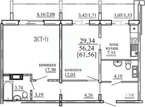 2-к квартира, строящийся дом, 56м2, 1/10 этаж