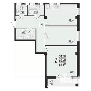 2-к квартира, вторичка, 69м2, 7/16 этаж