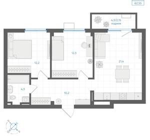 2-к квартира, вторичка, 63м2, 8/18 этаж