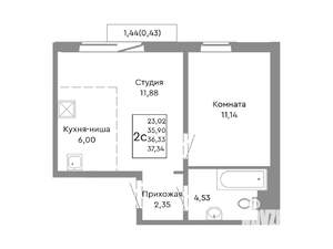 2-к квартира, строящийся дом, 36м2, 6/10 этаж