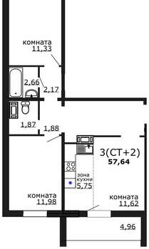 3-к квартира, вторичка, 58м2, 1/18 этаж