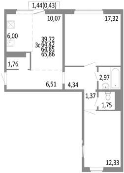 3-к квартира, строящийся дом, 65м2, 6/10 этаж