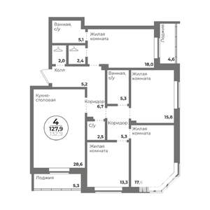 4-к квартира, строящийся дом, 128м2, 2/22 этаж